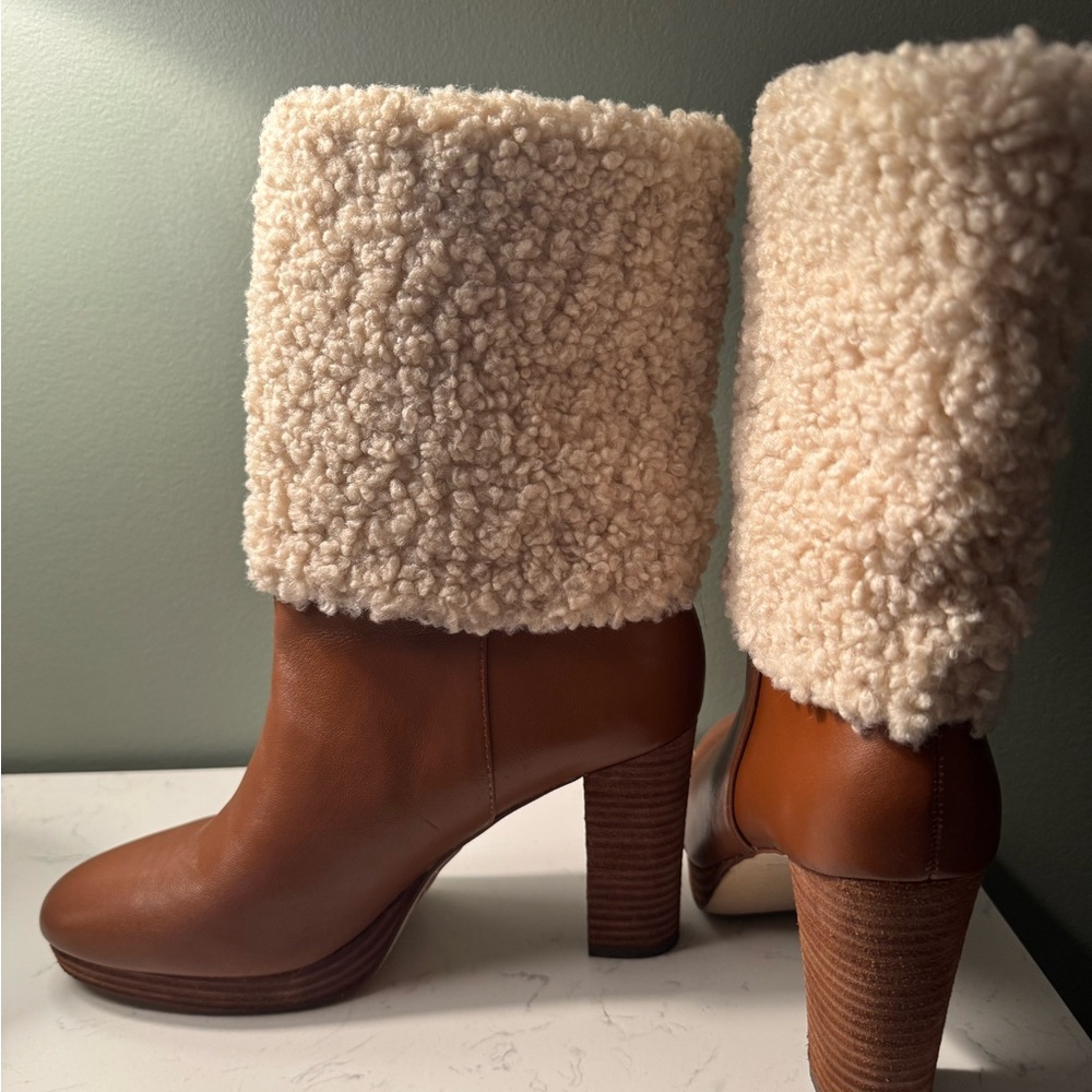 Charles David Tan Heeled Boots with Cream Cuff